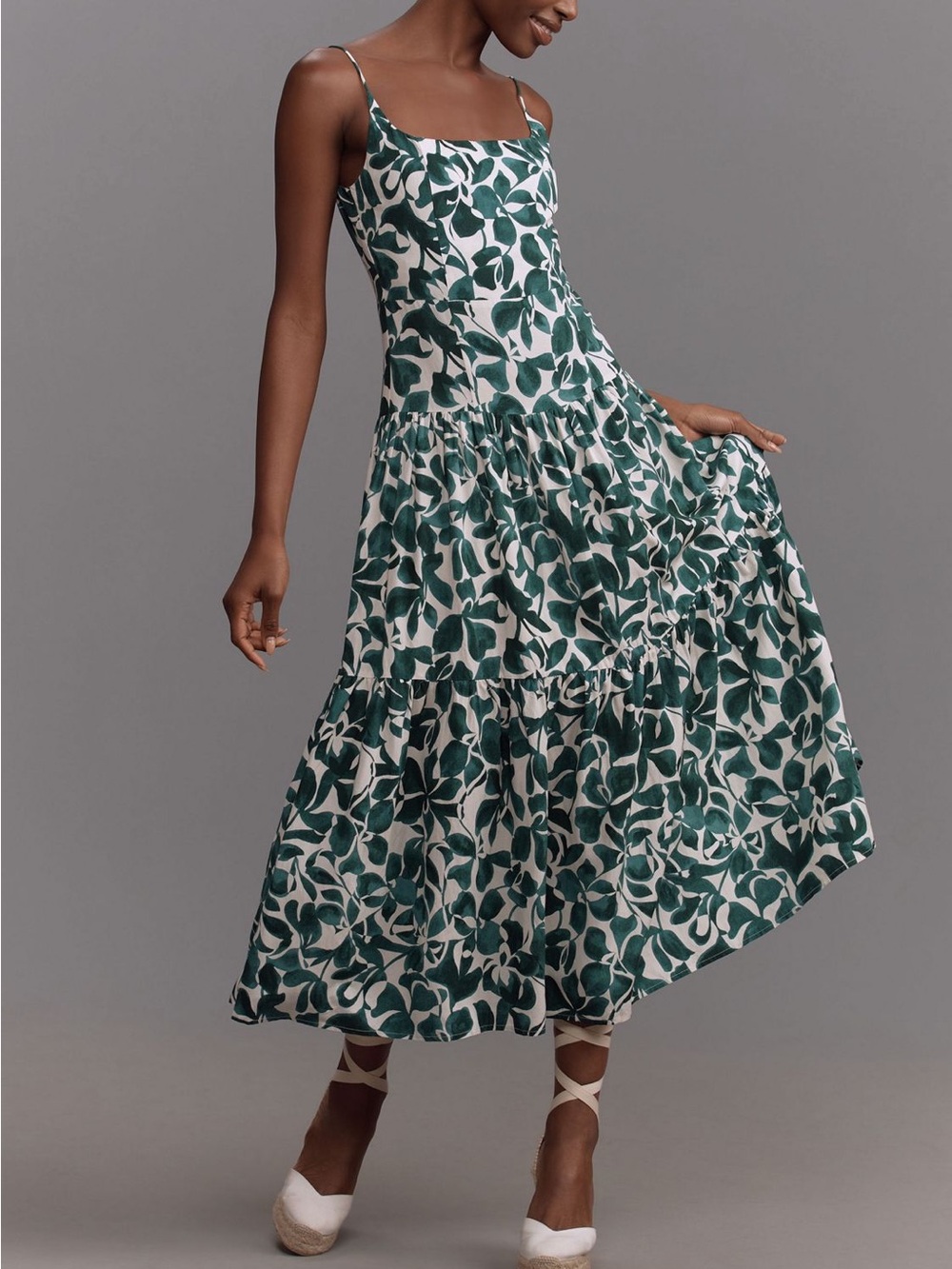 Moon River Sleeveless White & Dark Green Floral Maxi Dress